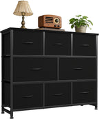 TV Stands for Living Room with 8 Drawers, Tall 8-Drawer Chest of Drawers with Raised Shelf, Storage Tower with Fabric Bins for Organization, Hallway Storage, Black