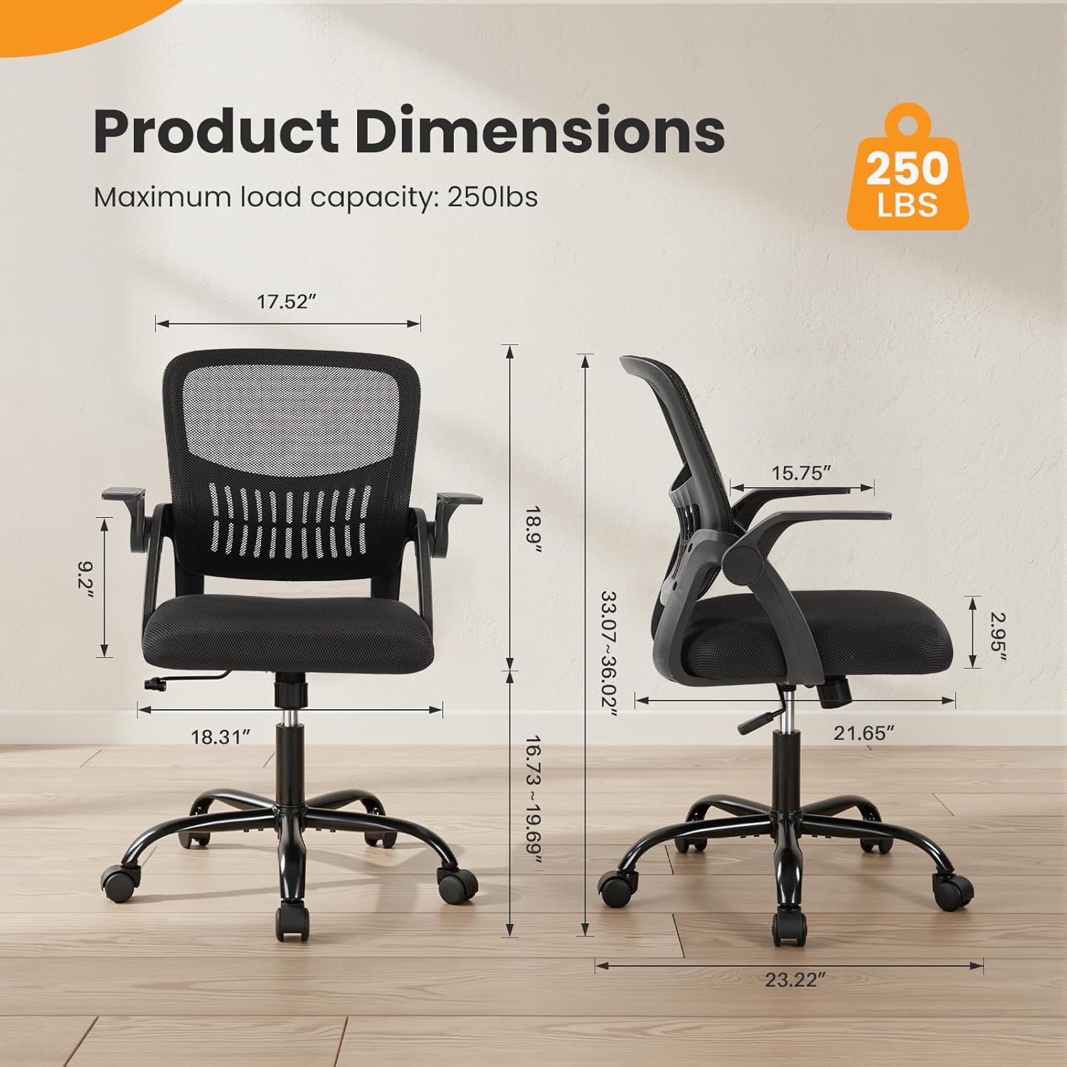 Home Office Managerial Executive Chair, Flip Up Armrest Ergonomic Mesh Adjustable Swivel Mid-Back Computer Desk Chair with Comfortable Lumbar Support, Comfy Arms for Bedroom,Study