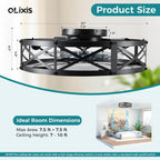 Ceiling Fans with Remote, Farmhouse Ceiling Fan, 22 Inch Low Profile Caged Fandelier, Flush Mount with 6 Wind Speeds, for Bedroom, Kitchen, Living Room, Bulbs Not Included, Black
