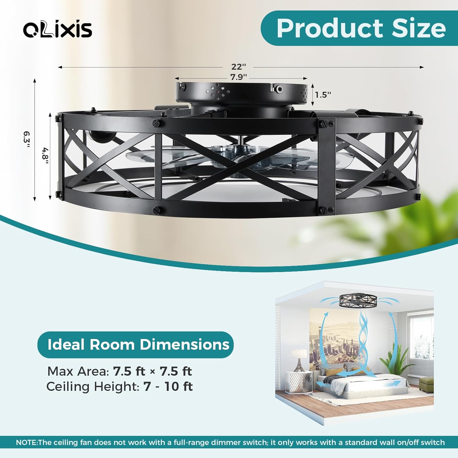 Ceiling Fans with Remote, Farmhouse Ceiling Fan, 22 Inch Low Profile Caged Fandelier, Flush Mount with 6 Wind Speeds, for Bedroom, Kitchen, Living Room, Bulbs Not Included, Black