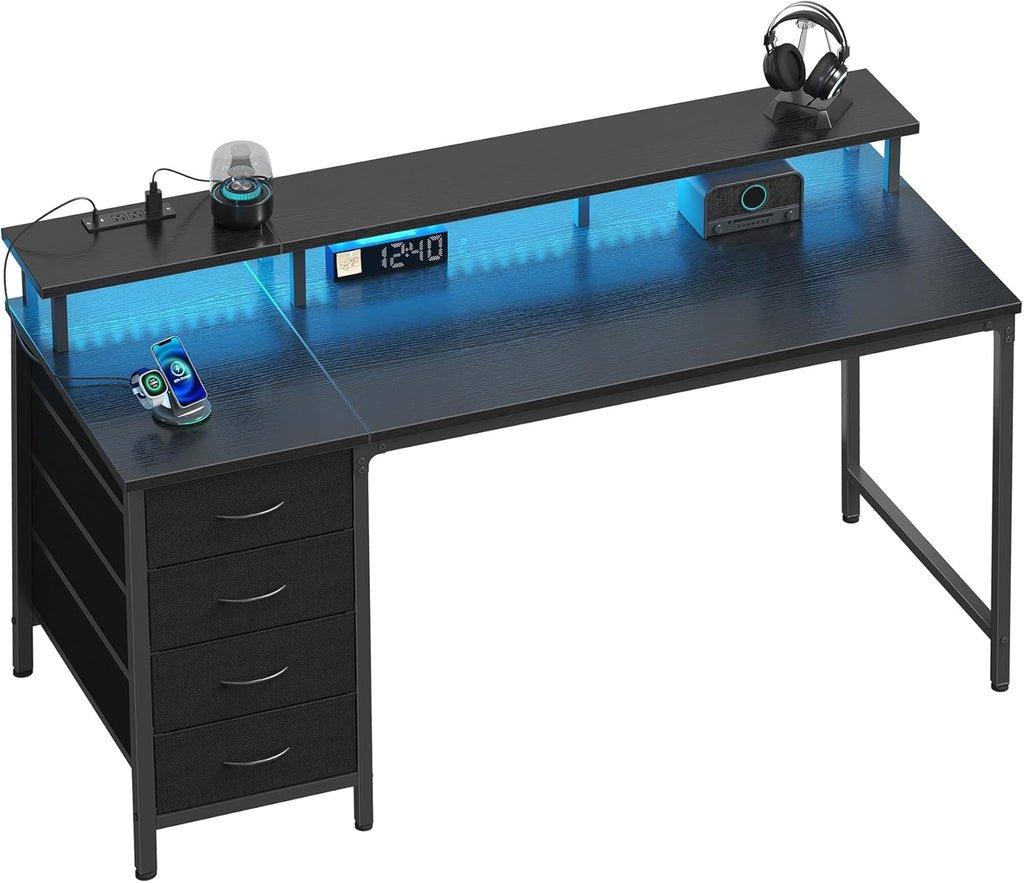 Computer Desk with 4 Drawers,4 Drawer Gaming Desk with Power Outlets and LED Lights,Office Desk for Small Spaces with Monitor Shelf,Writing Desk for Home Office, Bedroom,Study 45 Inch White