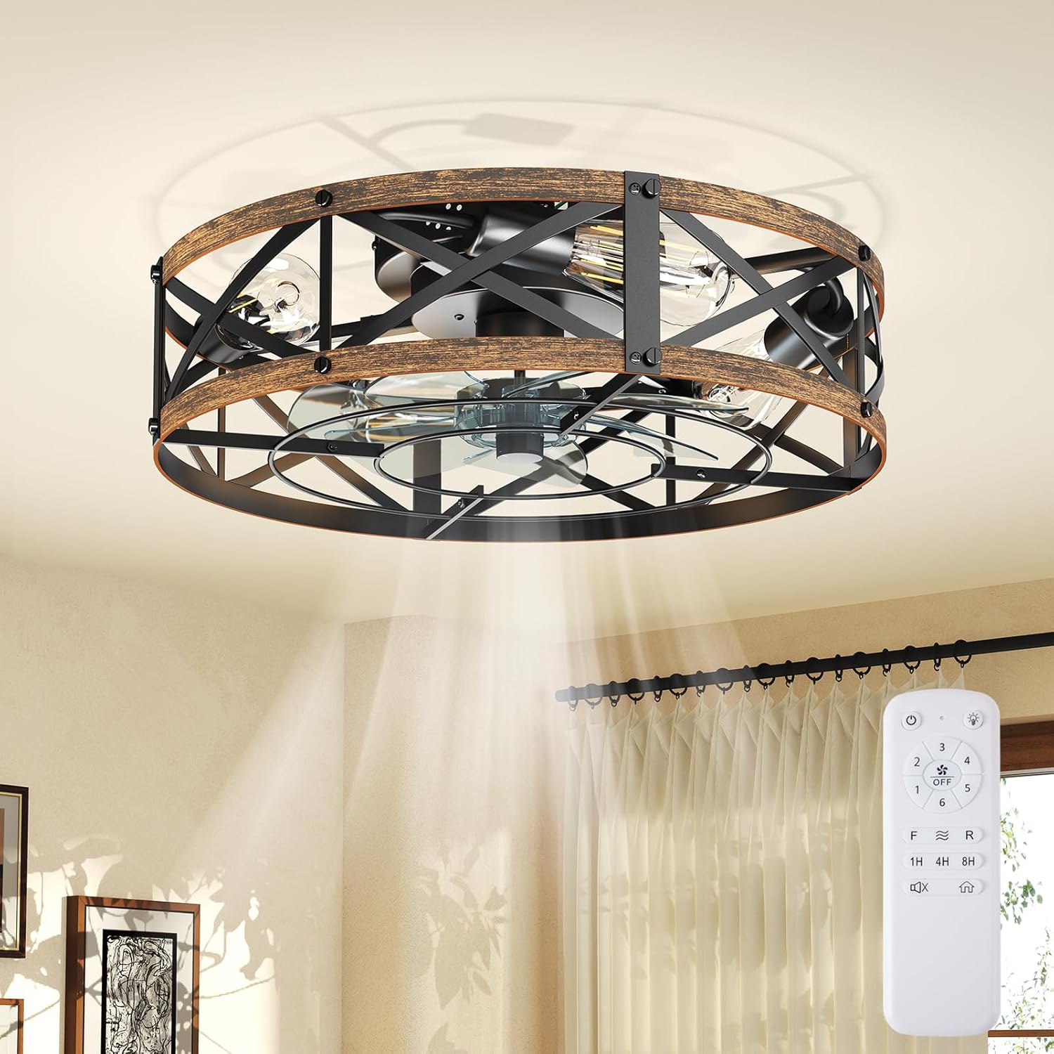 Ceiling Fans with Remote, Farmhouse Ceiling Fan, 19 Inch Low Profile Caged Fandelier, Flush Mount with 6 Wind Speeds, for Bedroom, Kitchen, Living Room, Bulbs Not Included, Gold