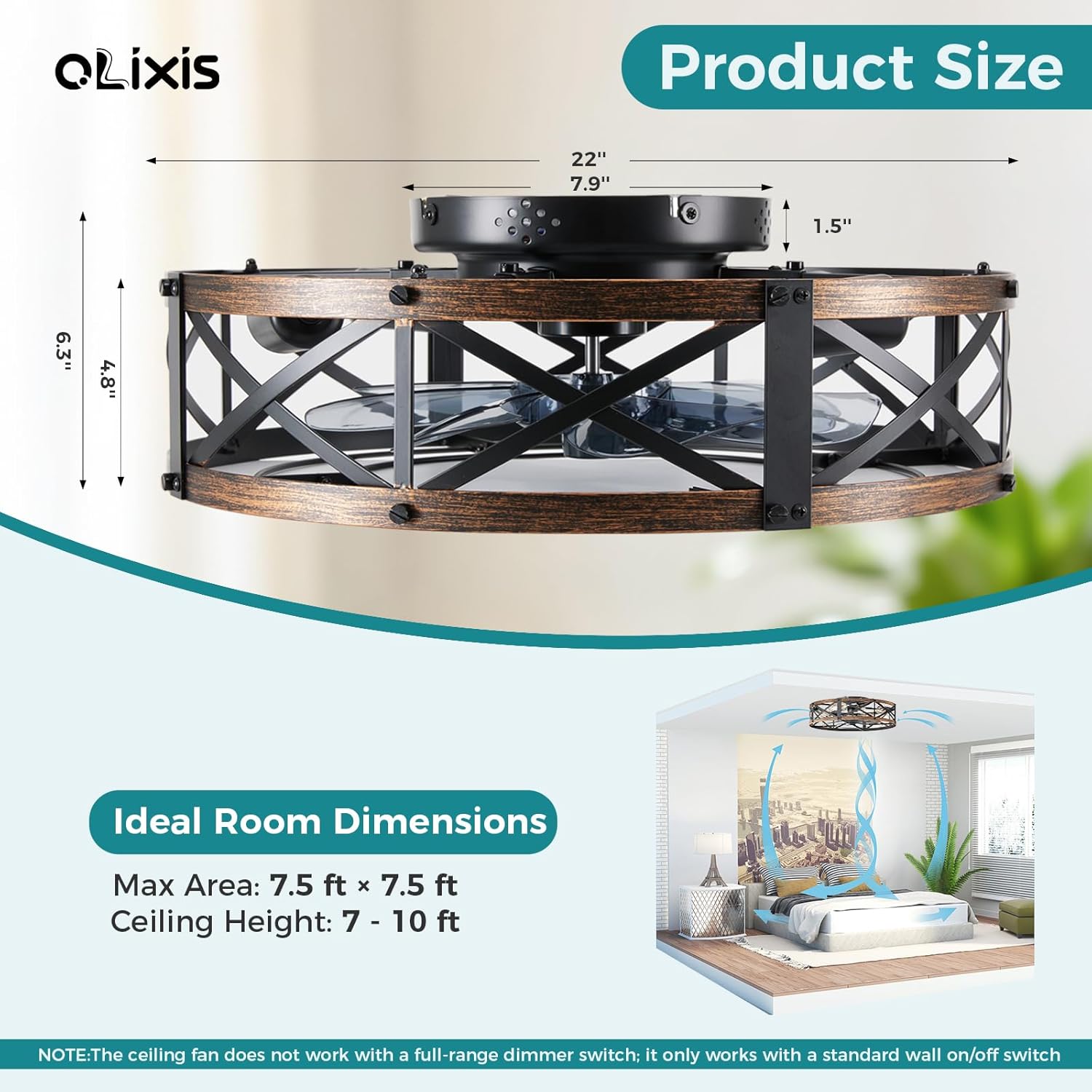 Ceiling Fans with Remote, Farmhouse Ceiling Fan, 22 Inch Low Profile Caged Fandelier, Flush Mount with 6 Wind Speeds, for Bedroom, Kitchen, Living Room, Bulbs Not Included, Gold