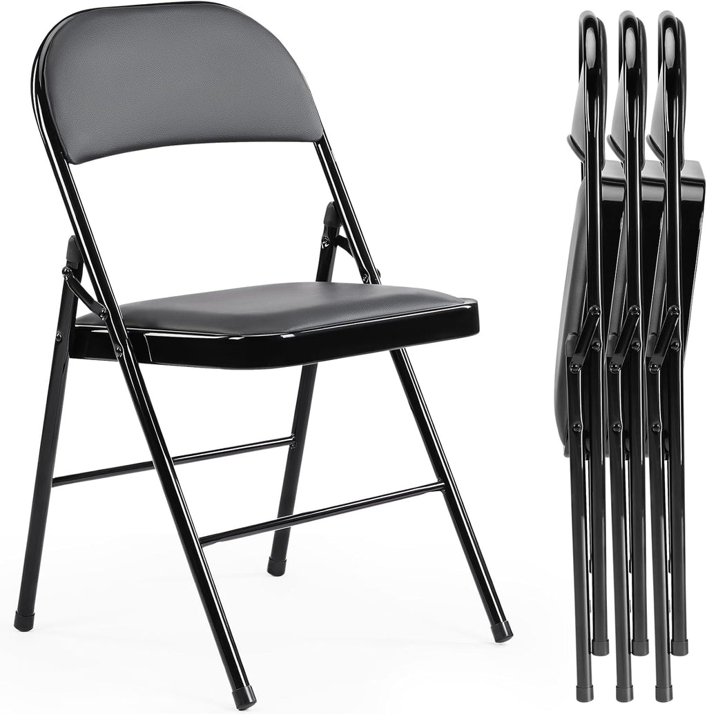 Folding Chair 4 Pack, Leather Padded Foldable Chairs, Sturdy Metal Portable Chairs, Easy to Use and Store, Outdoor and Indoor, for Home, Office, Party, Garden, Kahki