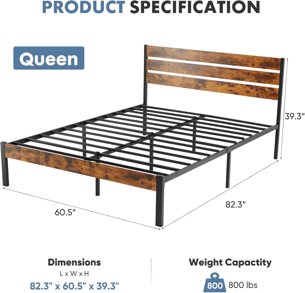 Queen Size Bed Frame with Headboard, 800LBS Mattress Foundation with All Sturdy Metal Support, Under Bed Storage, No Box Spring Needed, Easy Assembly, Rust Brown