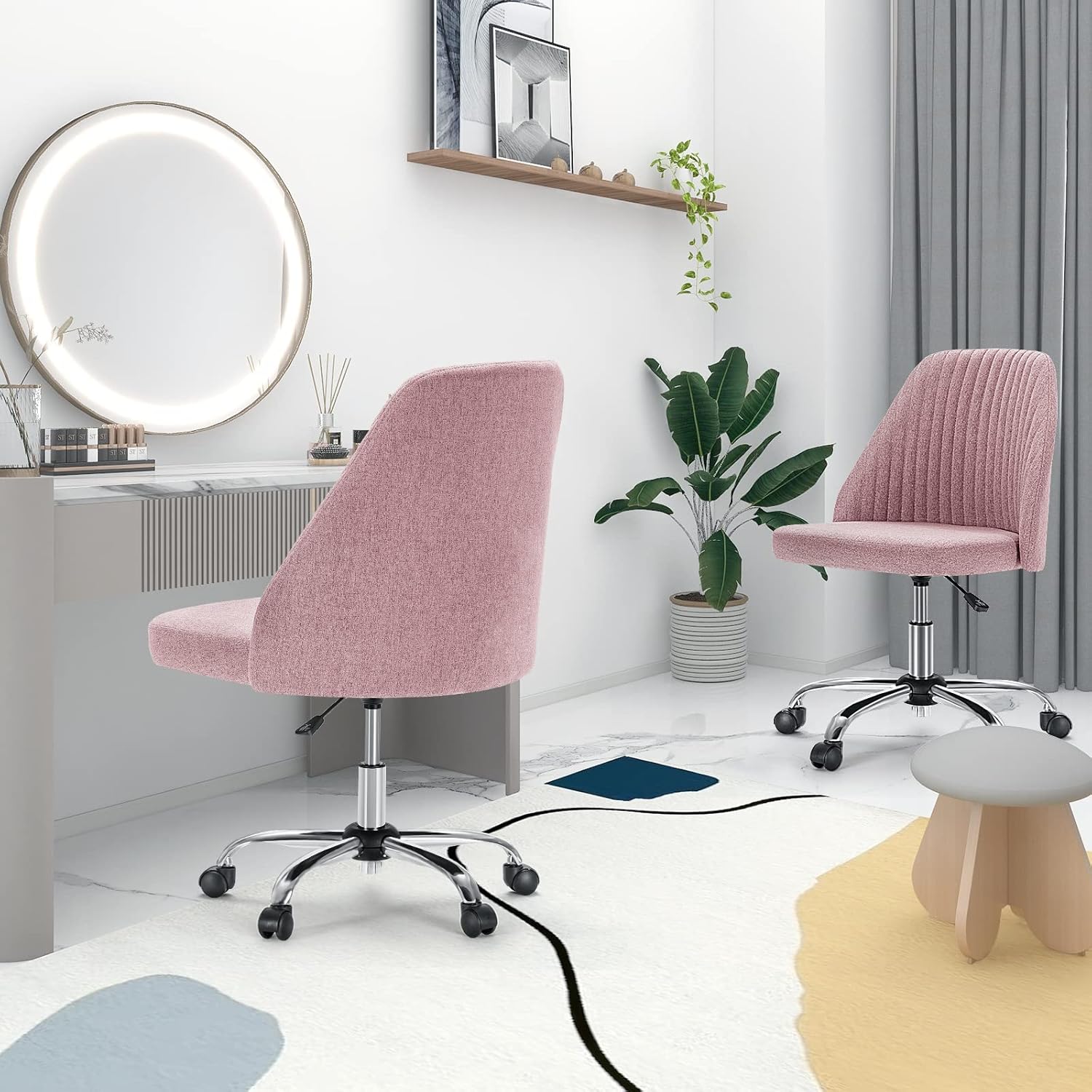 Armless Vanity Chair, Cute Comfy Home Office Desk Chair with Wheels, Modern Upholstered Task Computer Seat for Bedroom, Study, Makeup Vanity, Height Adjustable & Swivel Fit, Dusty Pink