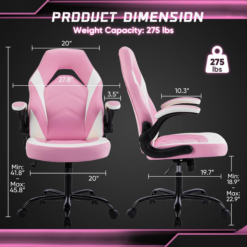 Ergonomic Computer Gaming Chair - Home Office Desk with PU Leather Lumbar Support, Height Adjustable Big and Tall Video Game with Flip-up Armrest, Swivel Wheels for Adults, White and Pink