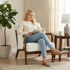 Mid Century Modern Accent Chair, Upholstered Armchair with Lumbar Pillow and Solid Wood Frame, Comfy Reading Chair for Small Living Room, Bedroom, Guest Room, Beige