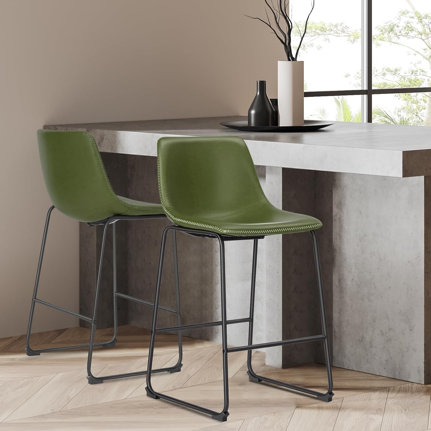 26 Inch Counter Height Bar Stools Set of 4, Modern Faux Leather High Barstools with Back and Metal Leg, Bar Chairs for Kitchen Island, Green