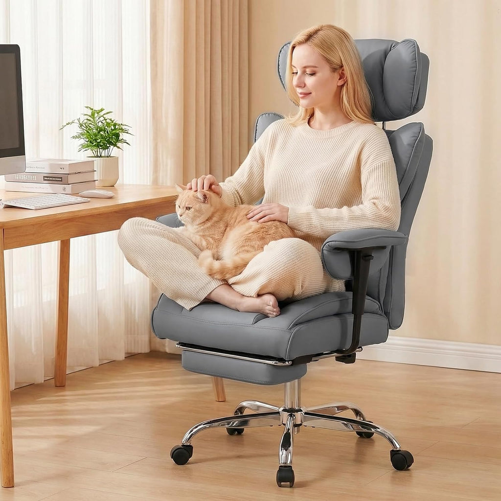 Big and Tall Home Office Desk Chair, Gaming Computer Chair, Executive Ergonomic Chair with Footrest, High Back Reclining, Adjustable Armrests and Comfy Lumbar Support, PU Leather, Grey