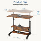 31.5 Manual Standing Desk, Height Adjustable Mobile Computer Desk with Lockable Wheels & 2-Tier Storage, Rolling Laptop Table for Small Spaces & Home Office, Rustic Brown