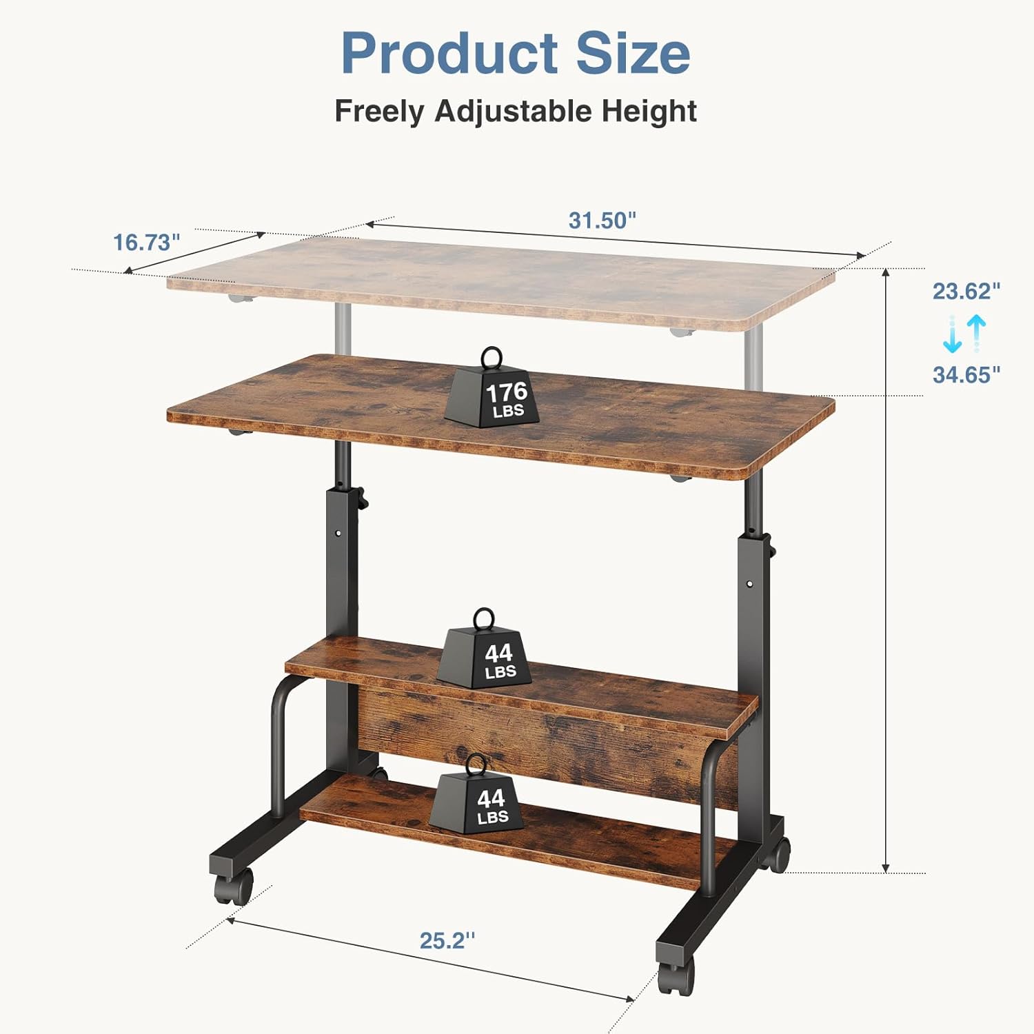 31.5 Manual Standing Desk, Height Adjustable Mobile Computer Desk with Lockable Wheels & 2-Tier Storage, Rolling Laptop Table for Small Spaces & Home Office, Rustic Brown