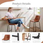 26 Inch Counter Height Bar Stools Set of 2, Modern Faux Leather High Barstools with Back and Metal Leg, Bar Chairs for Kitchen Island, Elegant Brown