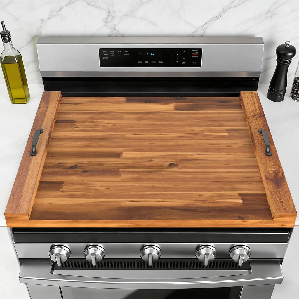 Noodle Board Stove Cover with Handles, Wooden Stove Top Cover for Gas Electric Glass Stove, 22 x 29.5 inch(Light Brown)