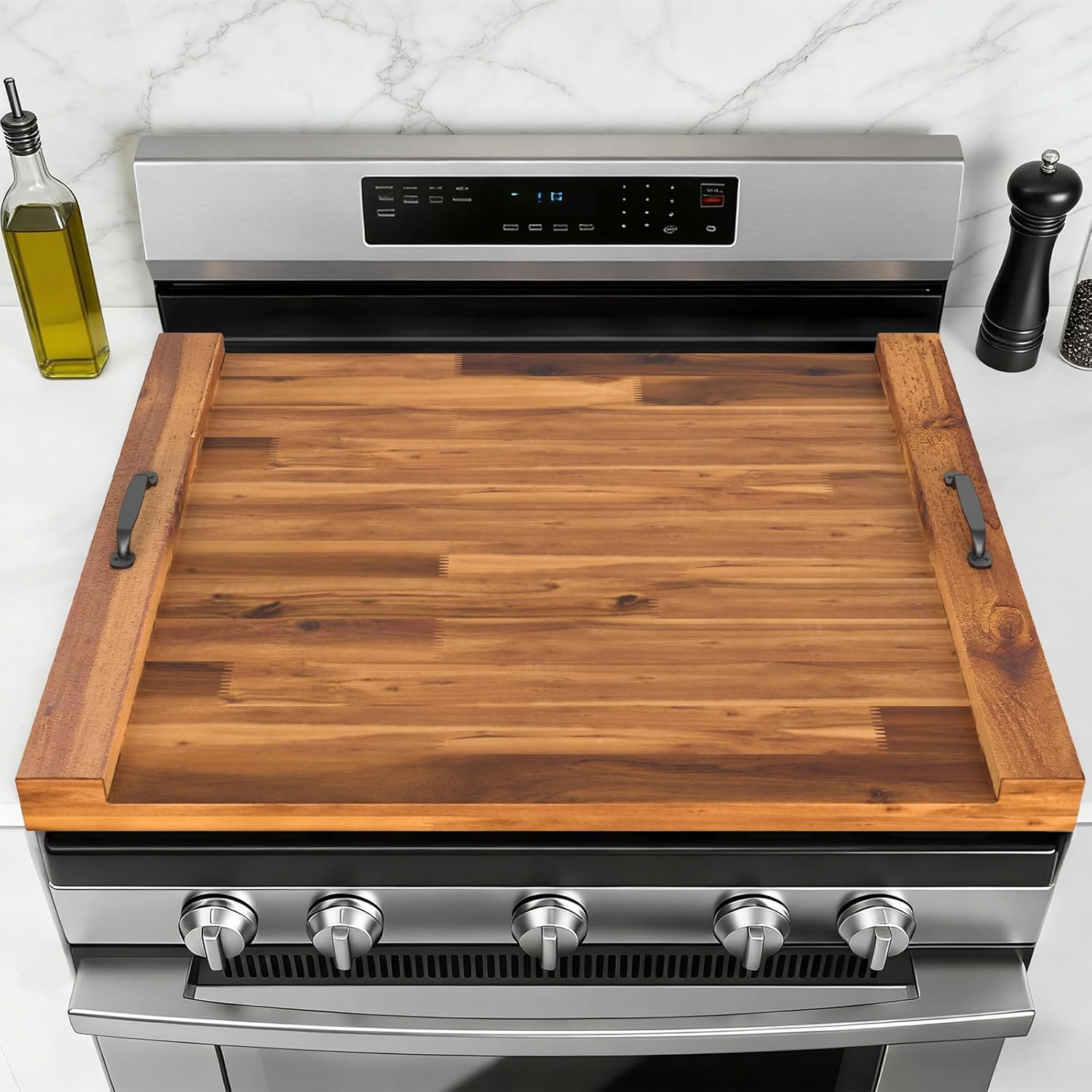 Noodle Board Stove Cover with Handles, Wooden Stove Top Cover for Gas Electric Glass Stove, 22 x 29.5 inch(Black)