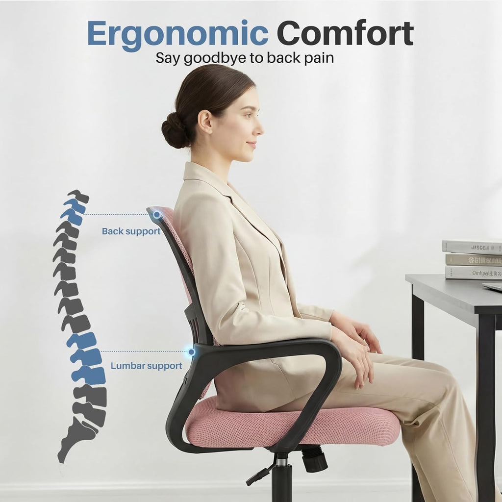 Home Office Chair - Ergonomic Mid Back Mesh Desk Chair with Lumbar Support & Rocking Mode, Height Adjustable with Fixed Armrest, for Conference, Computer, 360?? Swivel, Adults, Pink