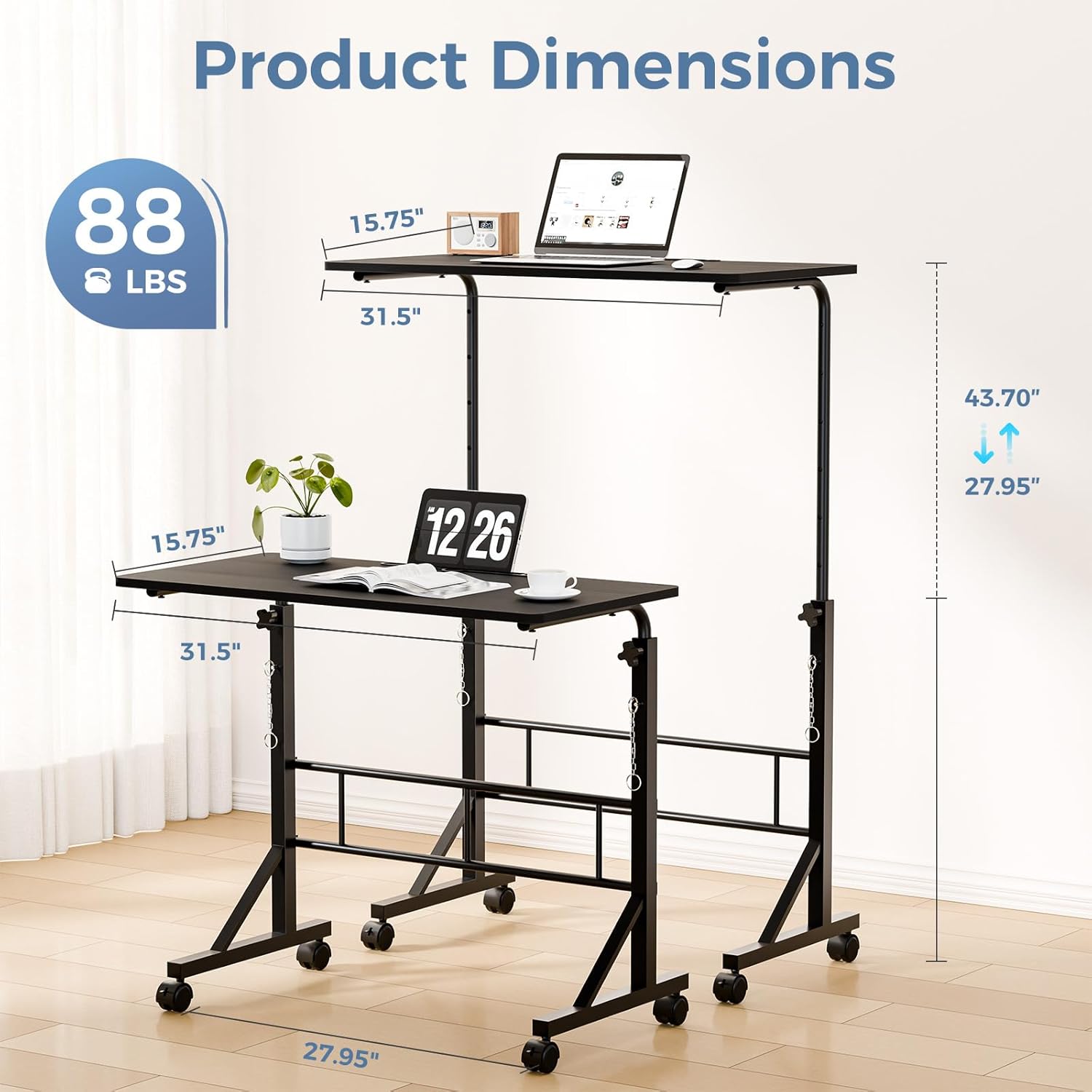 31.5 Adjustable Height Mobile Desk with Locking Wheels & Pin-Lock, Portable Workstation for Walking Pad & Active Home Office, Black