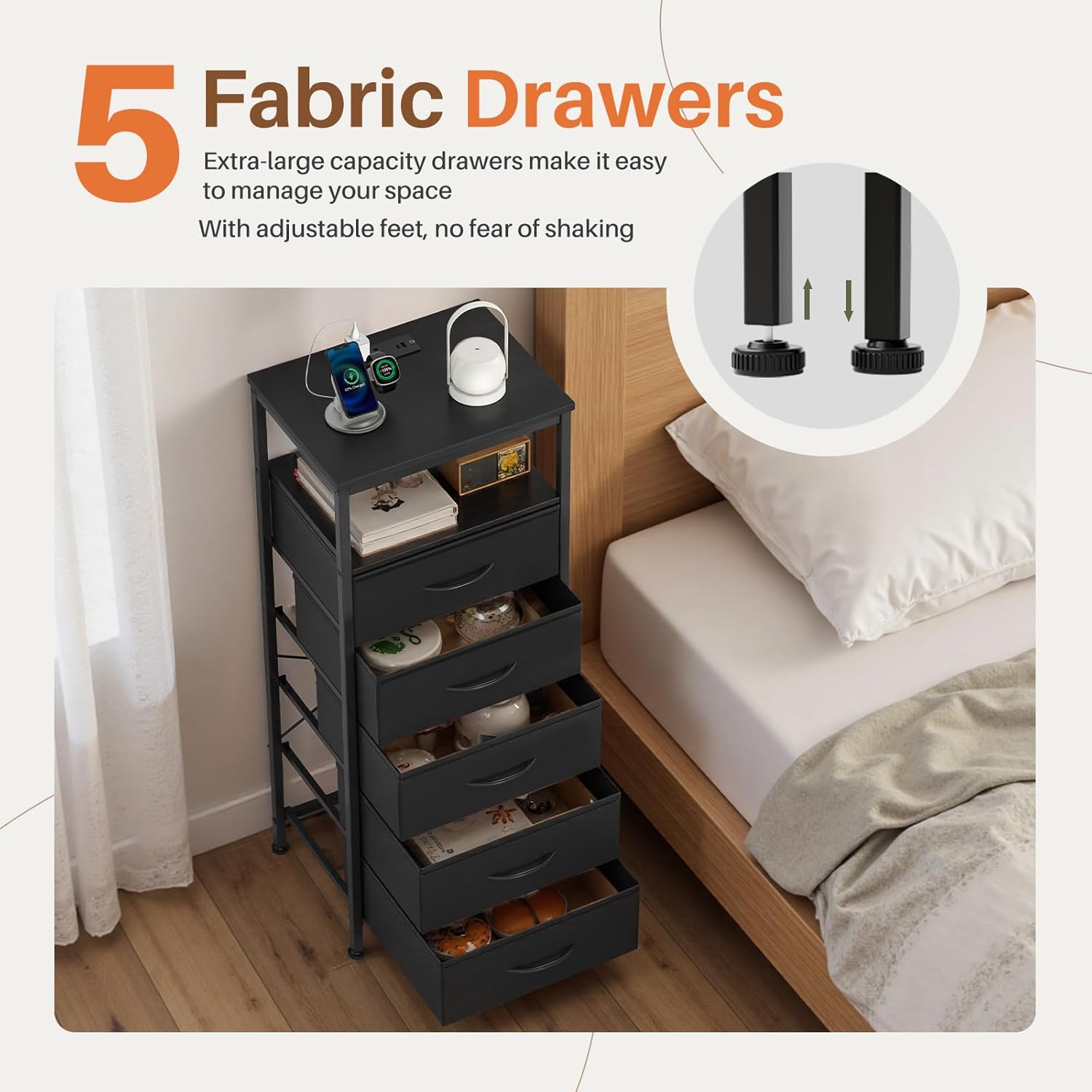 Nightstands Set of 2 with Charging Station, Bedside Table with USB Ports & Type-C, 2 Fabric Drawers Night Stand with Open Shelf, Compact End Table for Bedroom, Rustic Brown