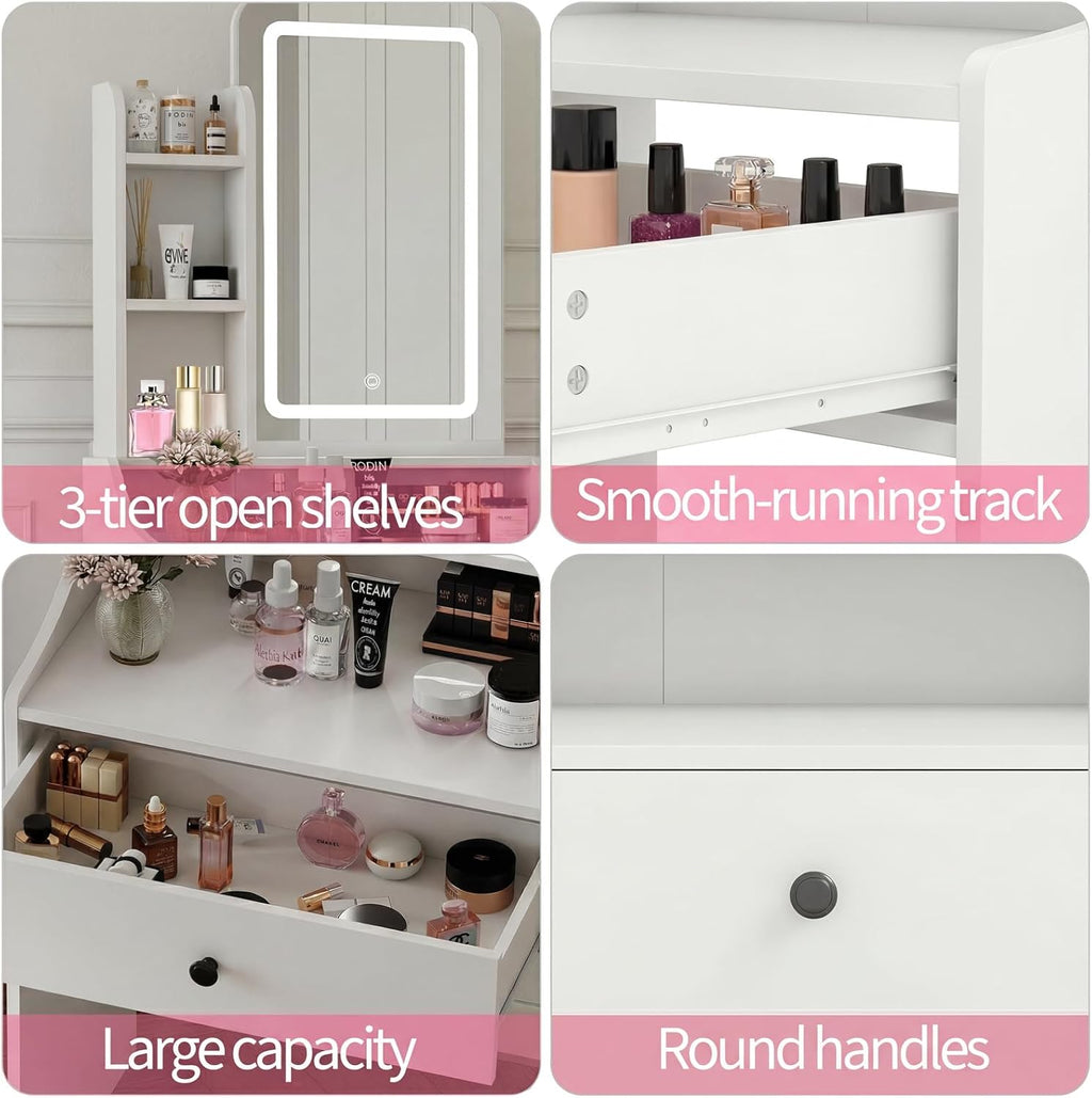 Makeup Vanity Desk, Vanity Table Set with Mirror and Lights, Small Vanity with Storage Bench, Charging Station and Hair Dryer Holder, Dressing Table with Drawer and Three Shelves, White