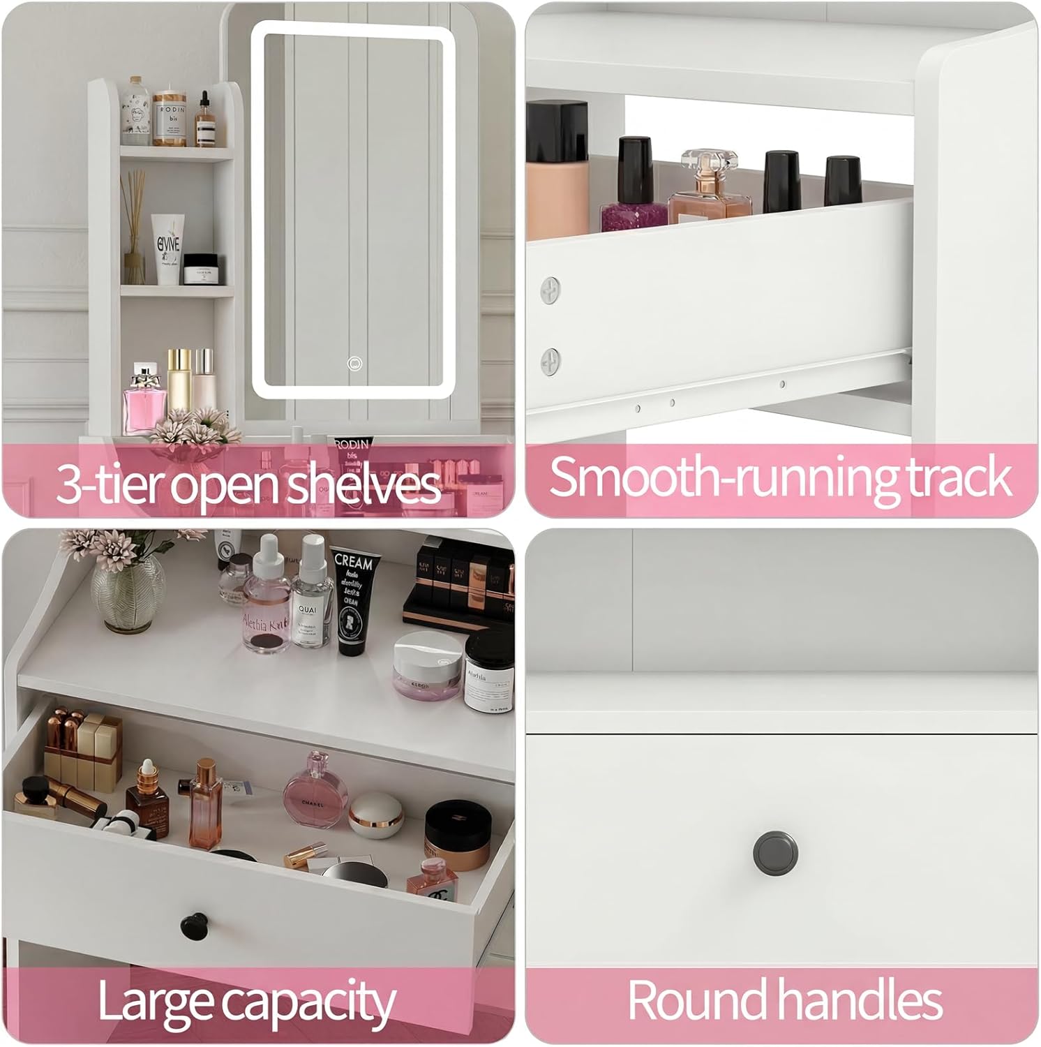 Makeup Vanity Desk, Vanity Table Set with Mirror and Lights, Small Vanity with Storage Bench, Charging Station and Hair Dryer Holder, Dressing Table with Drawer and Three Shelves, White