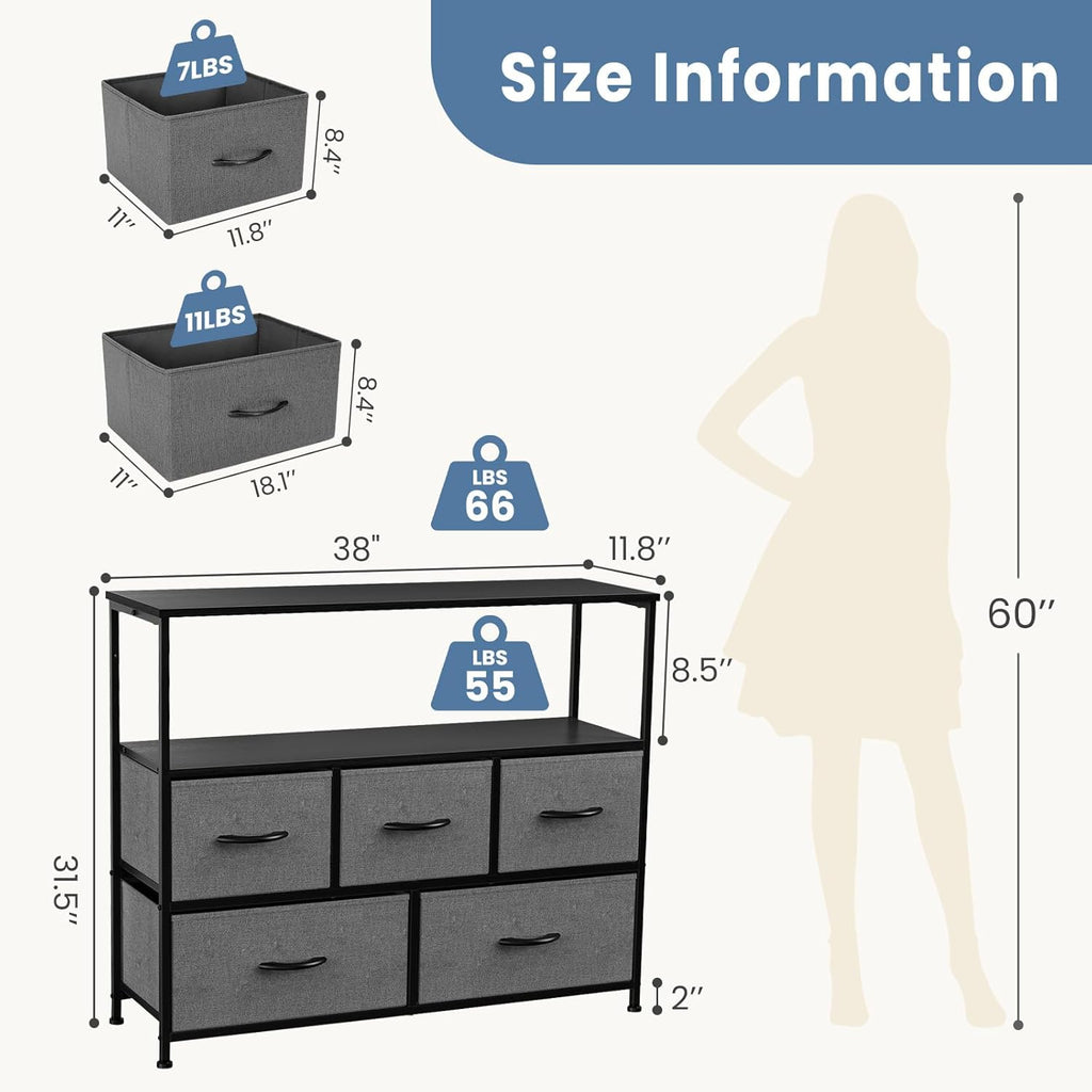 TV Stand, Dresser with 5 Fabric Storage Drawers, Media Console Featuring Open Shelf for TV, Compact Entertainment Unit for Bedroom, Living Space, or Dorm Organization, Grey