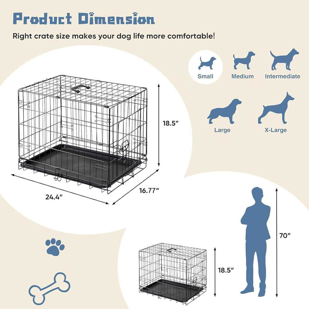 Dog Crate, 24 Inch Small Single Door Dog Cage with Plastic Leak-Proof Pan Tray, Folding Metal Wire Pet Kennel for Indoor, Outdoor, Travel