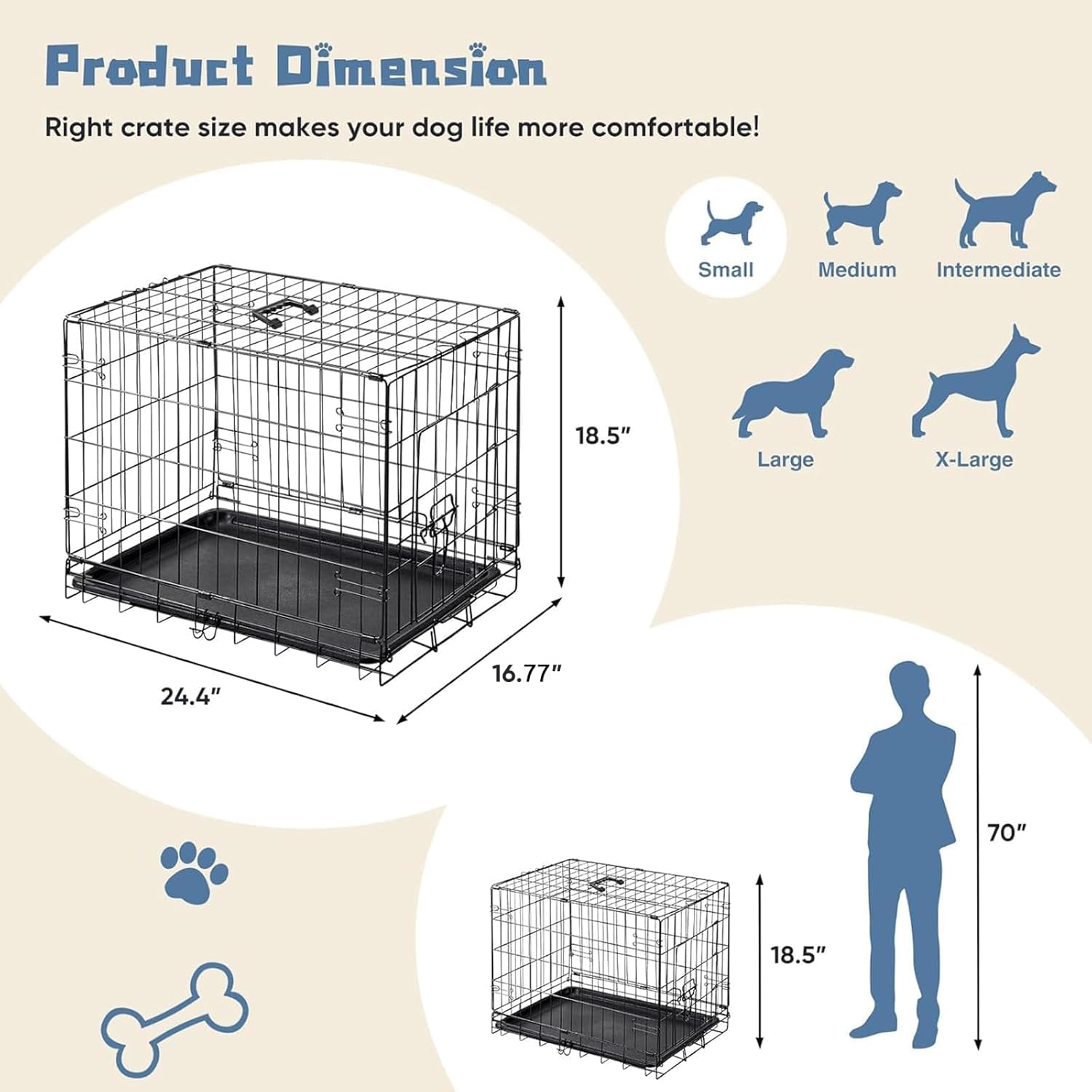 Dog Crate, 24 Inch Small Single Door Dog Cage with Plastic Leak-Proof Pan Tray, Folding Metal Wire Pet Kennel for Indoor, Outdoor, Travel