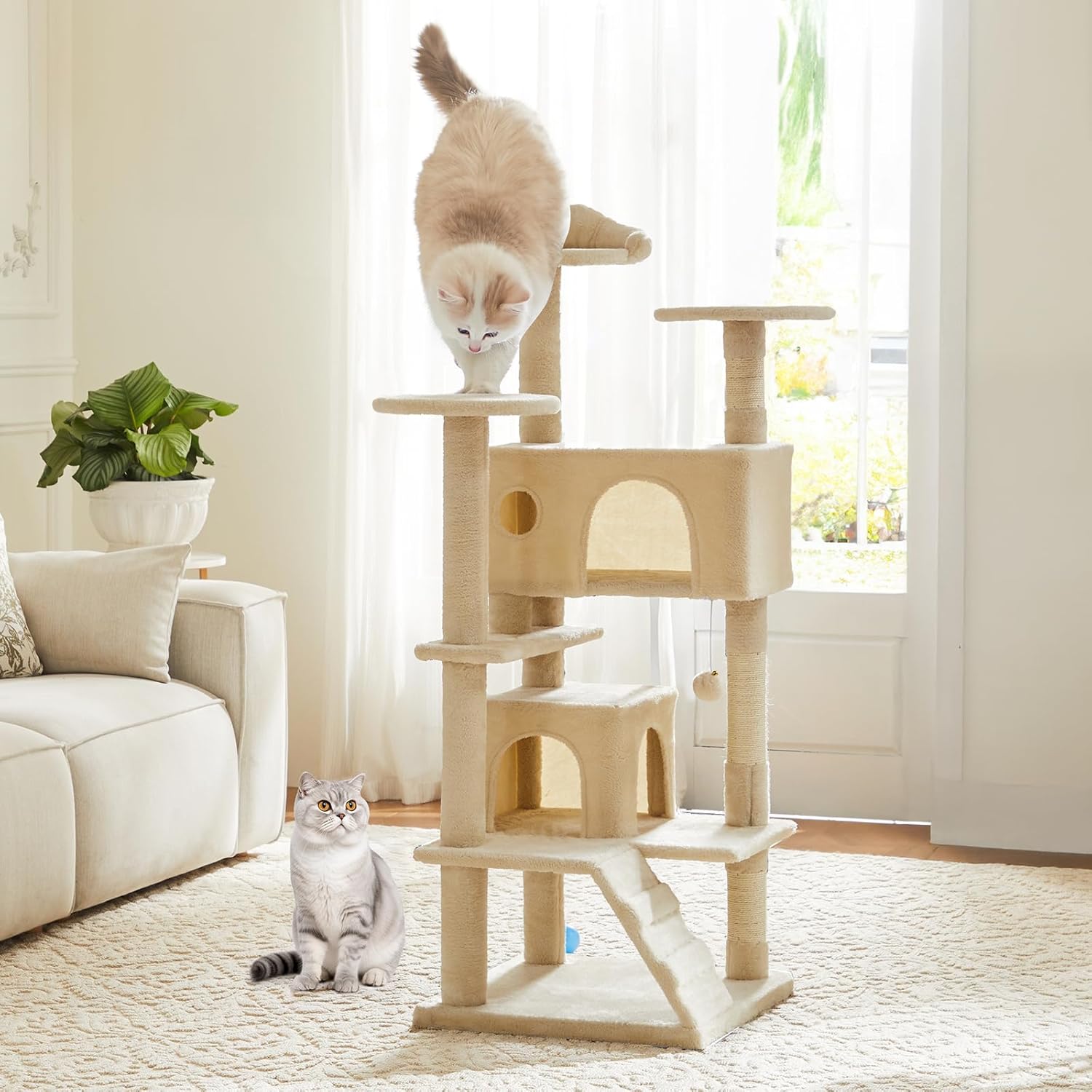 54-inch Indoor Cat Tree Tower ?CMulti-Level Pet House for Large Cats with 2 Condos, Scratching Posts, Round Platform, Small Ladder, and Toys ?C Perfect for Cats of All Ages, Dark Grey