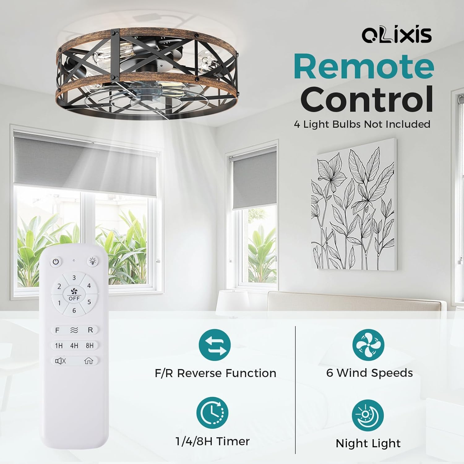 Ceiling Fans with Remote, Farmhouse Ceiling Fan, 19 Inch Low Profile Caged Fandelier, Flush Mount with 6 Wind Speeds, for Bedroom, Kitchen, Living Room, Bulbs Not Included, Gold