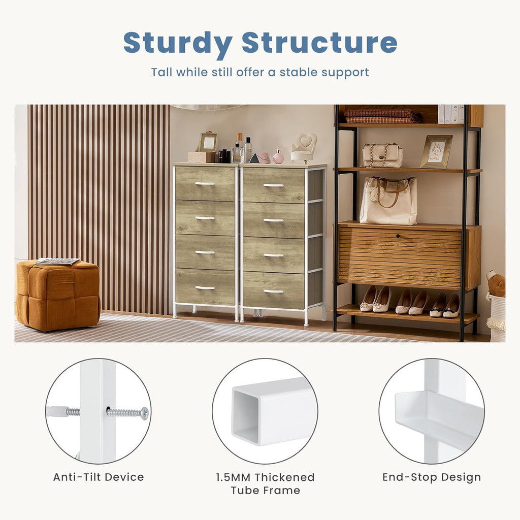 Nightstand with 4 Drawers Bedside Table with Removable Fabric Bins Sturdy Steel Frame Wood Top Organizer Furniture for Bedroom Closet Living Room,Oak Greige