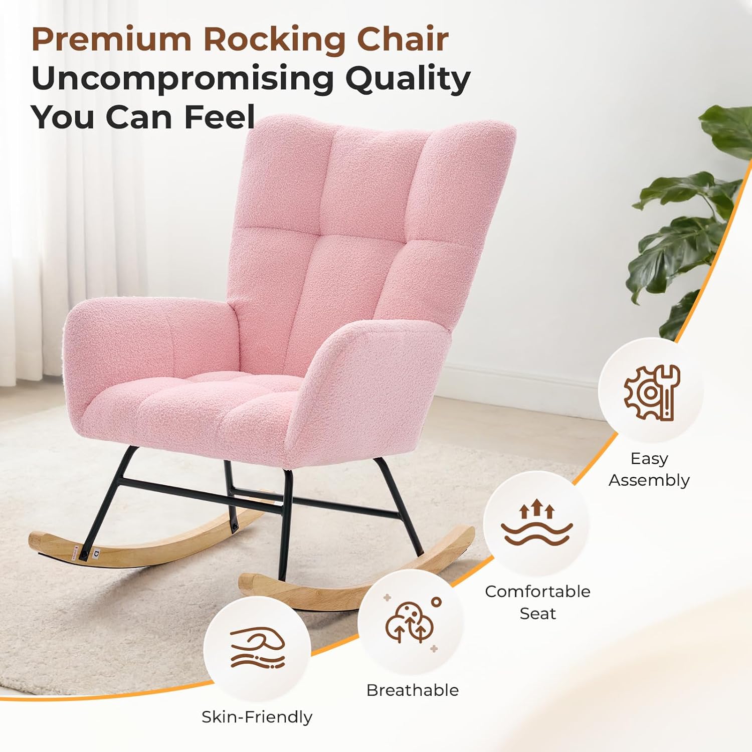 Nursery Rocking Chair Teddy Upholstered, Comfy Glider Rocker with High Backrest Armchair Padded Seat, Accent Side Chair for Living Room Bedroom Offices Small Spaces Indoor, Pink