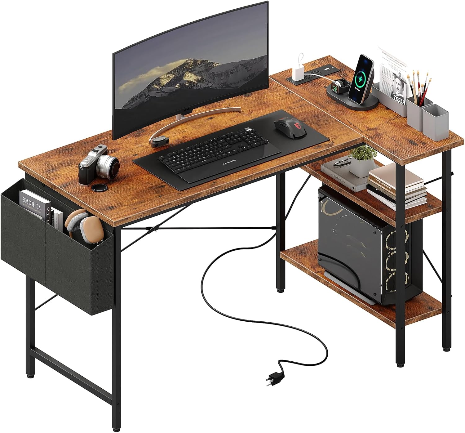 39 Computer Desk with Storage, Small Home Office Desk with 3 Fabric Drawers & Side Pocket, Space Saving Writing Desk for Apartment, Dorm, Gaming Workstation, White