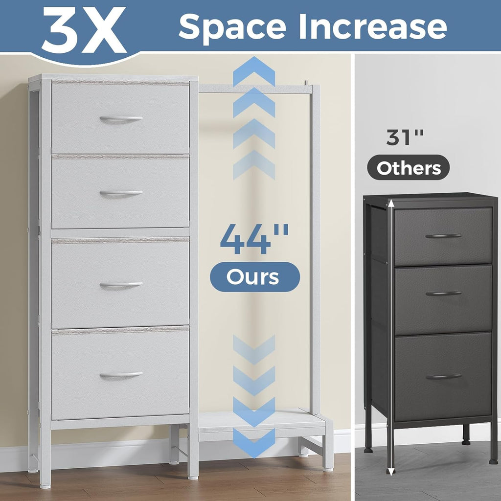 Dresser with Hanging Rack, 4-in-1 White Fabric Dresser for Bedroom, Closet Organizer with Clothes Rack, Shoe Rack & Hooks, Tall Storage Tower for Small Spaces, Apartment, Dorm, Entryway