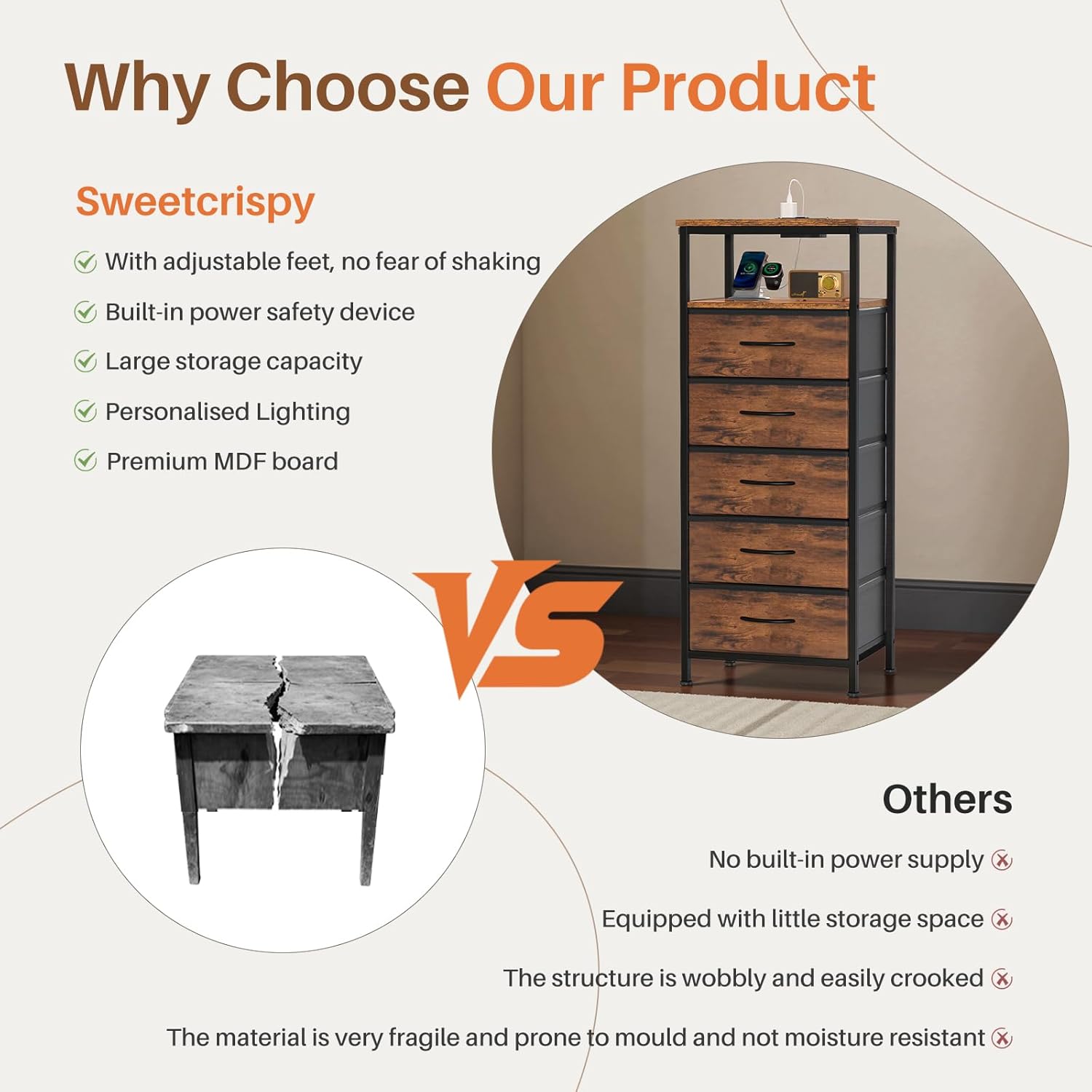 Nightstands Set of 2 with Charging Station, Bedside Table with USB Ports & Type-C, 2 Fabric Drawers Night Stand with Open Shelf, Compact End Table for Bedroom, Rustic Brown