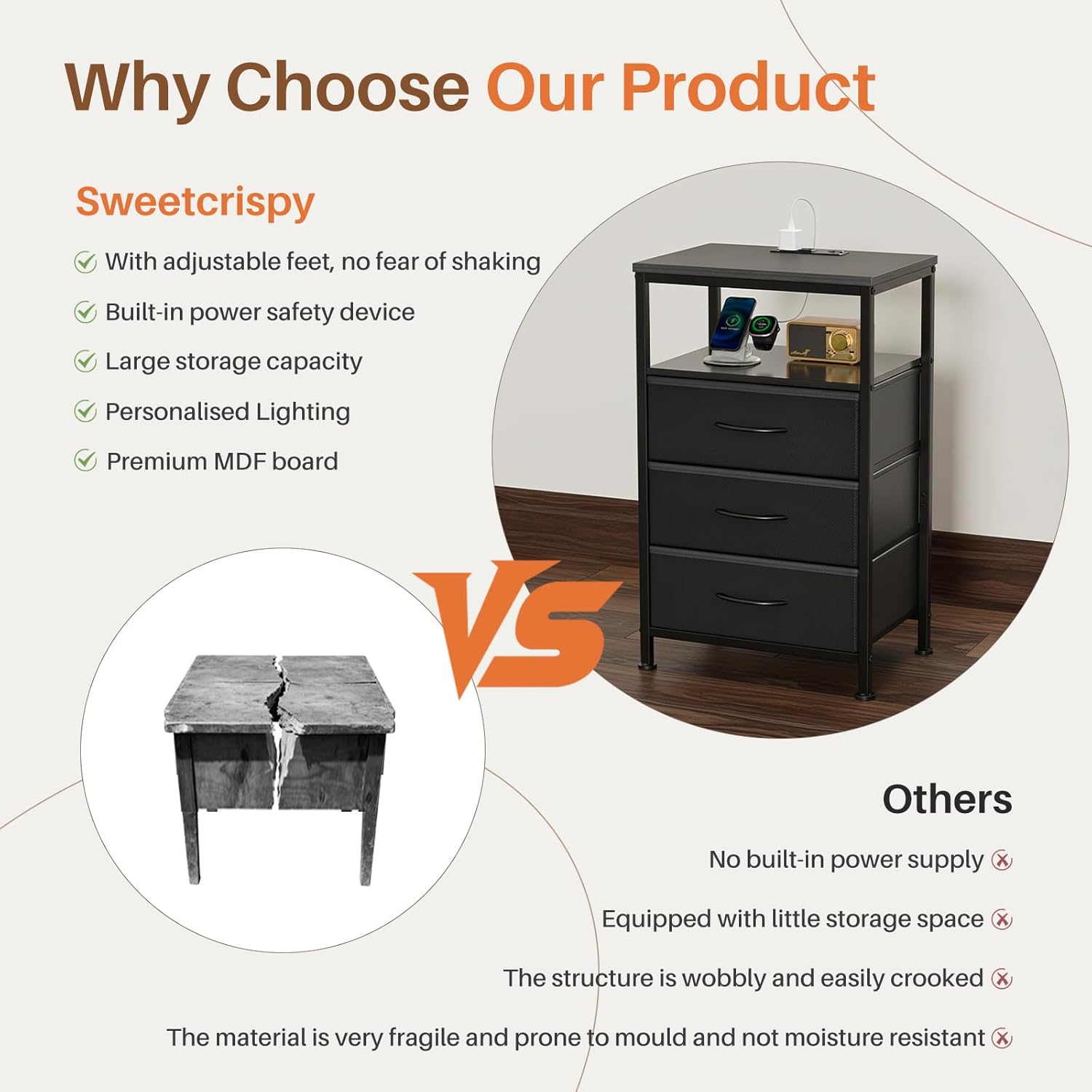 Nightstands Set of 2 with Charging Station, Bedside Table with USB Ports & Type-C, 2 Fabric Drawers Night Stand with Open Shelf, Compact End Table for Bedroom, Rustic Brown