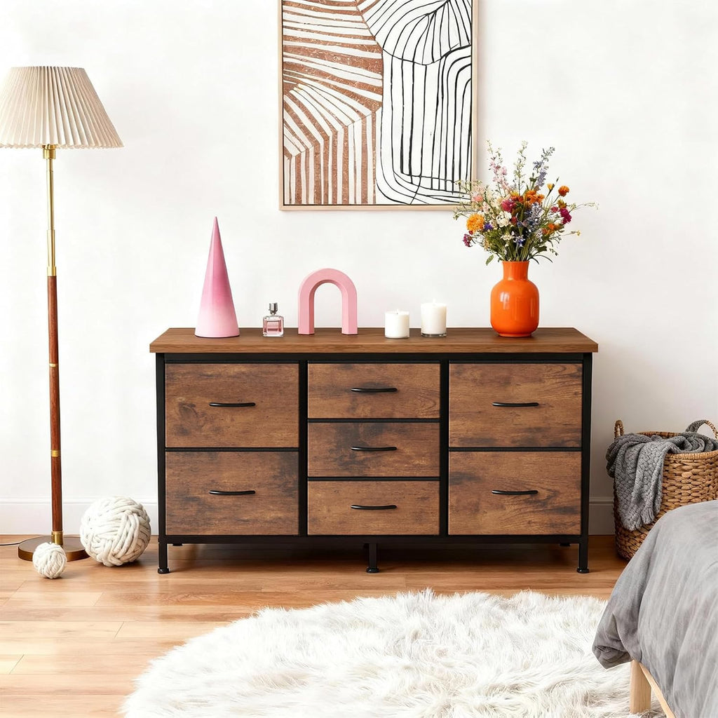TV Stand 7 Drawer Dresser for Bedroom with Storage TV Stands for Living Room Grey, Farmhouse Entertainment Center Media Console Table with Metal Frame Adjustable Feet