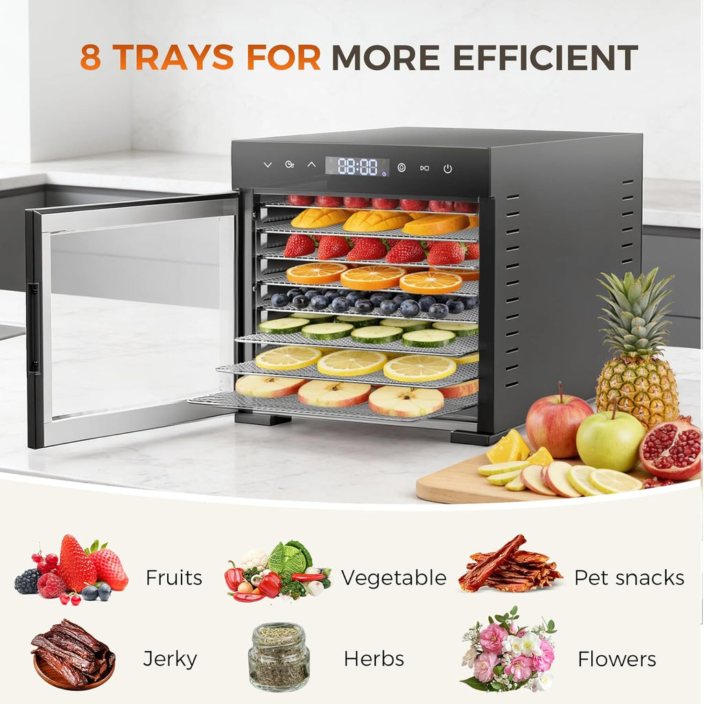 Food Dehydrator Machine, 500W Jerky Dehydrators with 8 Stainless Steel Large Trays, 185??F Temperature Control & 24H Timer Food Dryer for Fruit Meat Herb Dog Treats, Black