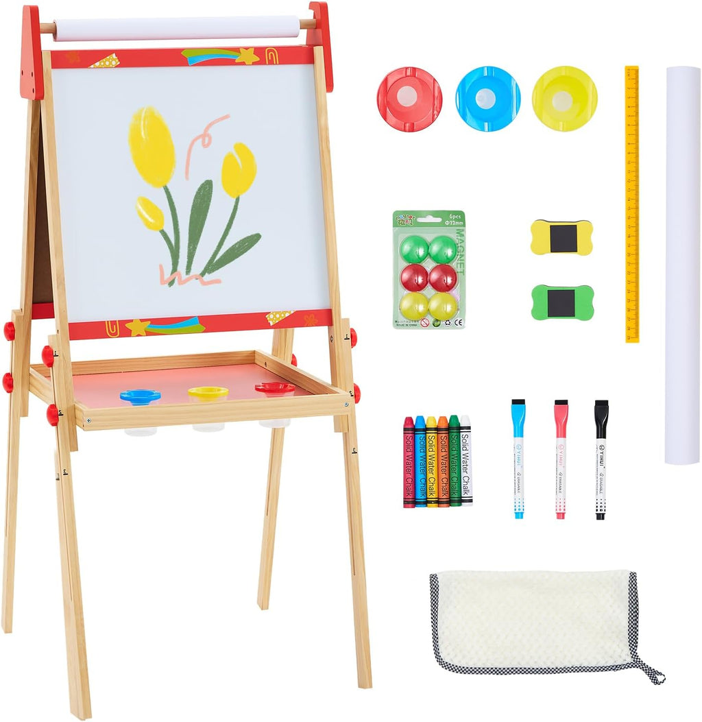 Kids Easel Set with Paper Roll, Adjustable Height Double-Sided Magnetic Chalkboard & Whiteboard Art Station for Ages 3+, Dry Erase Board, Gift for Girls and Boys, Red