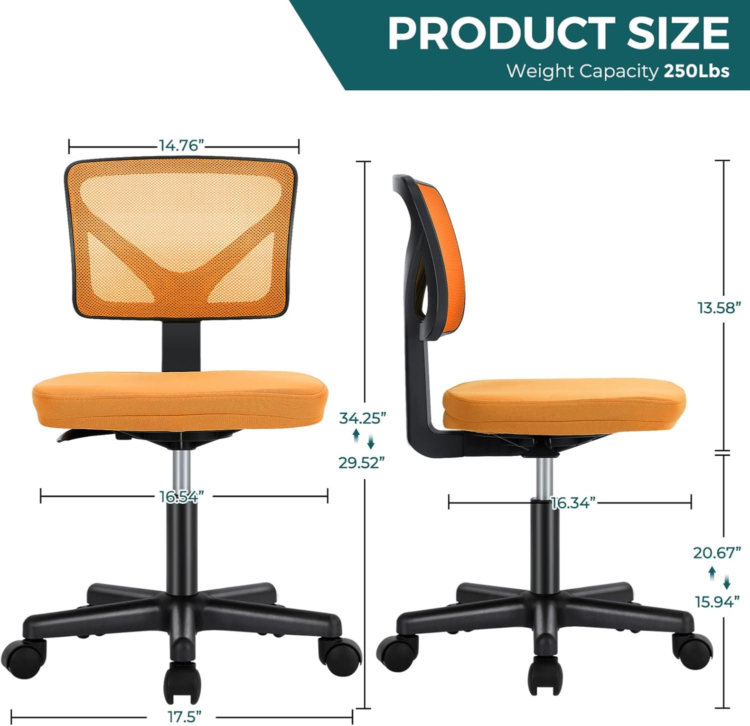Armless Desk Chairs Set of 2, Ergonomic Adjustable Home Office Swivel Rolling Task Chair No Arms, Comfy Mesh Mid Back Computer Work Vanity Desk Chiars with Wheels for Small Spaces, New Orange
