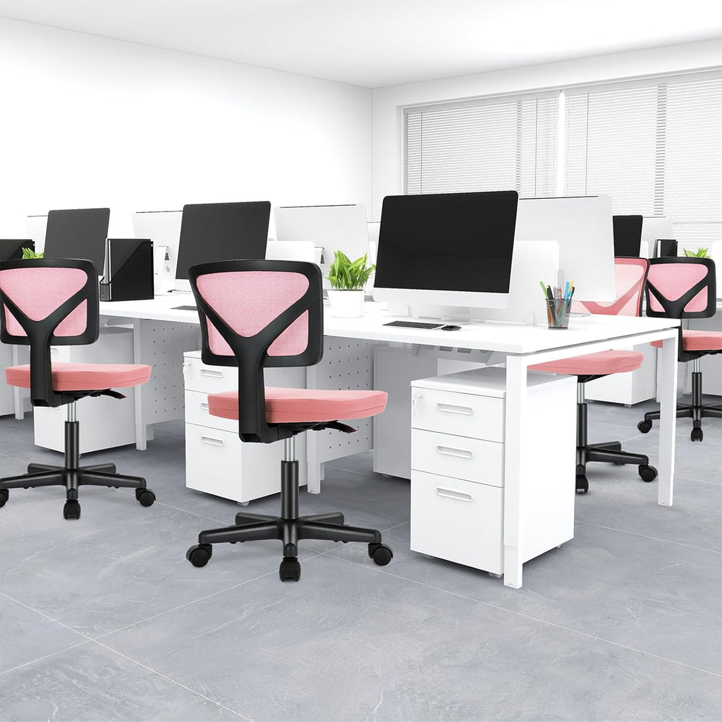 Small Office Chair Armless, Ergonomic Adjustable Home Office Swivel Rolling Task Chair No Arms, Comfy Mesh Mid Back Computer Work Vanity Desk Chiars with Wheels for Small Spaces, Hot Pink