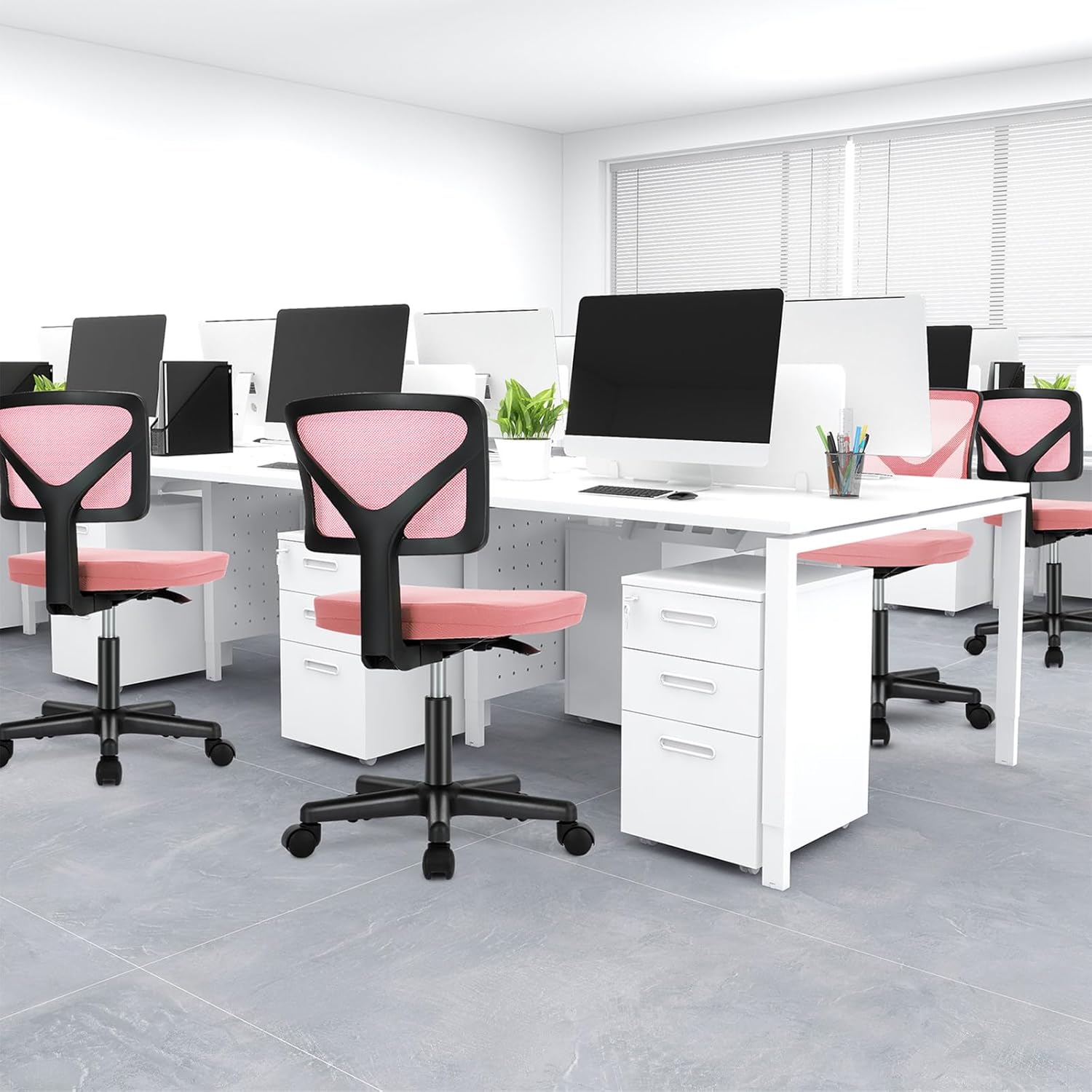 Small Office Chair Armless, Ergonomic Adjustable Home Office Swivel Rolling Task Chair No Arms, Comfy Mesh Mid Back Computer Work Vanity Desk Chiars with Wheels for Small Spaces, Hot Pink
