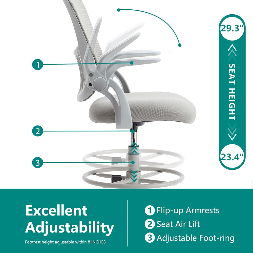 Drafting Chair for Standing Desk, Counter Height Adjustable, Flip-up Arms, Ergonomic Mid Back Mesh Rolling Work Swivel Office Computer Chairs with Wheels, Grey