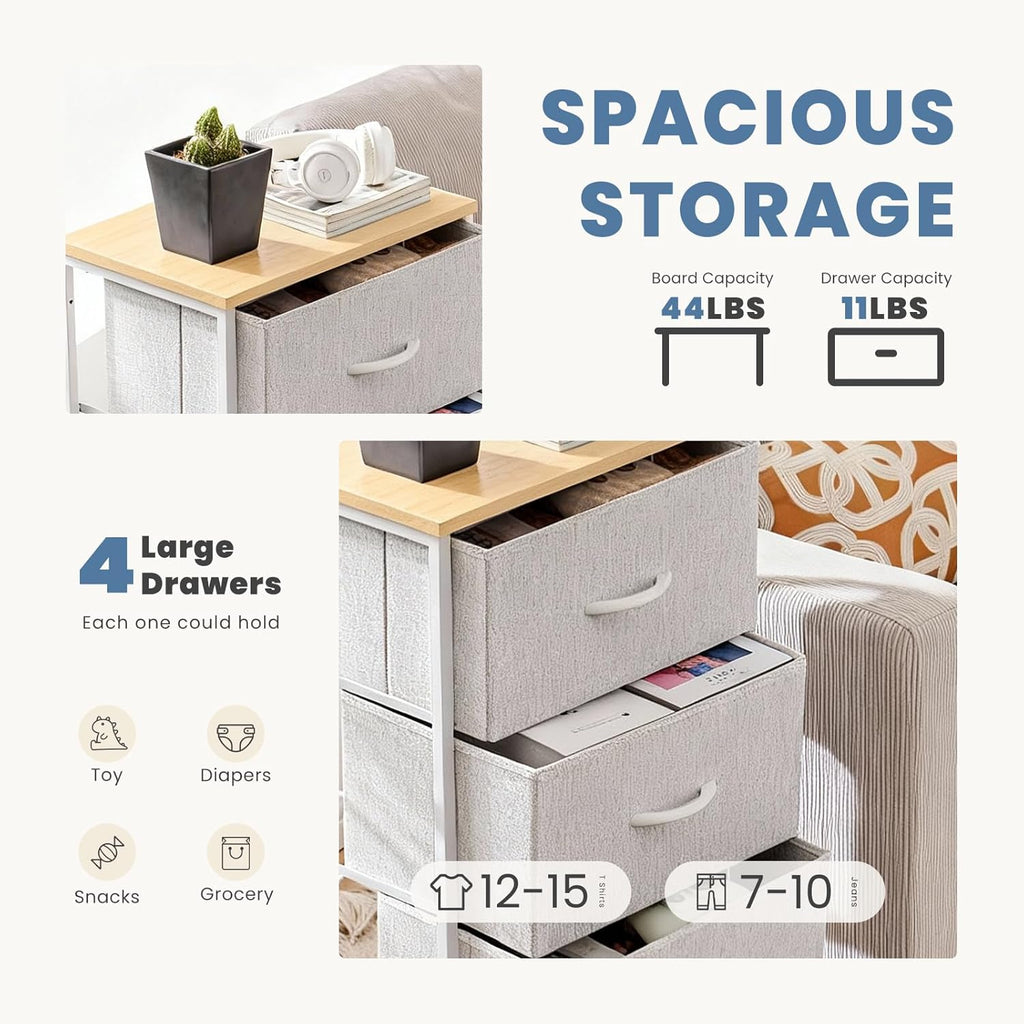 Nightstand with 4 Drawers Bedside Table with Removable Fabric Bins Sturdy Steel Frame Wood Top Organizer Furniture for Bedroom Closet Living Room,Light Gray