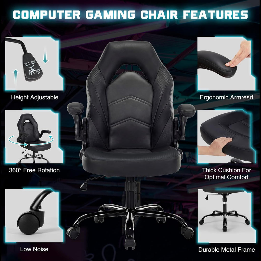 Computer Gaming Desk Chair - Big Tall Ergonomic Lumbar Support with Flip-up Armrest and 360?? Swivel Wheels, PU Leather Height Adjustable, for Home and Office, Black