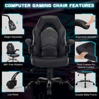 Ergonomic Computer Gaming Chair - Home Office Desk with PU Leather Lumbar Support, Height Adjustable Big and Tall Video Game with Flip-up Armrest, Swivel Wheels for Adults, Black