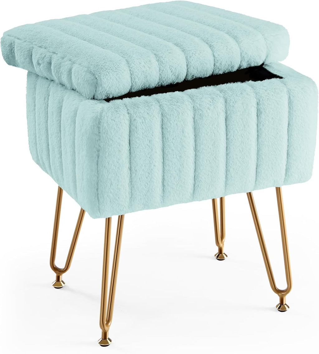 Vanity Stool Chair, Ottoman with Storage, Makeup Cute Soft Small Footstool, Modern Style Faux Fur Seat with 4 Metal Legs & Adjustable Feet for Dressing, Living Room Bedroom Dorm, Camel
