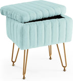 Vanity Stool Chair with Storage, Small Ottoman Faux Fur Soft Padded Footstools Seat with 4 Metal Legs Anti-Slip Adjustable Feet Modern Footrest for Home Entryway Bedroom Makeup Camel