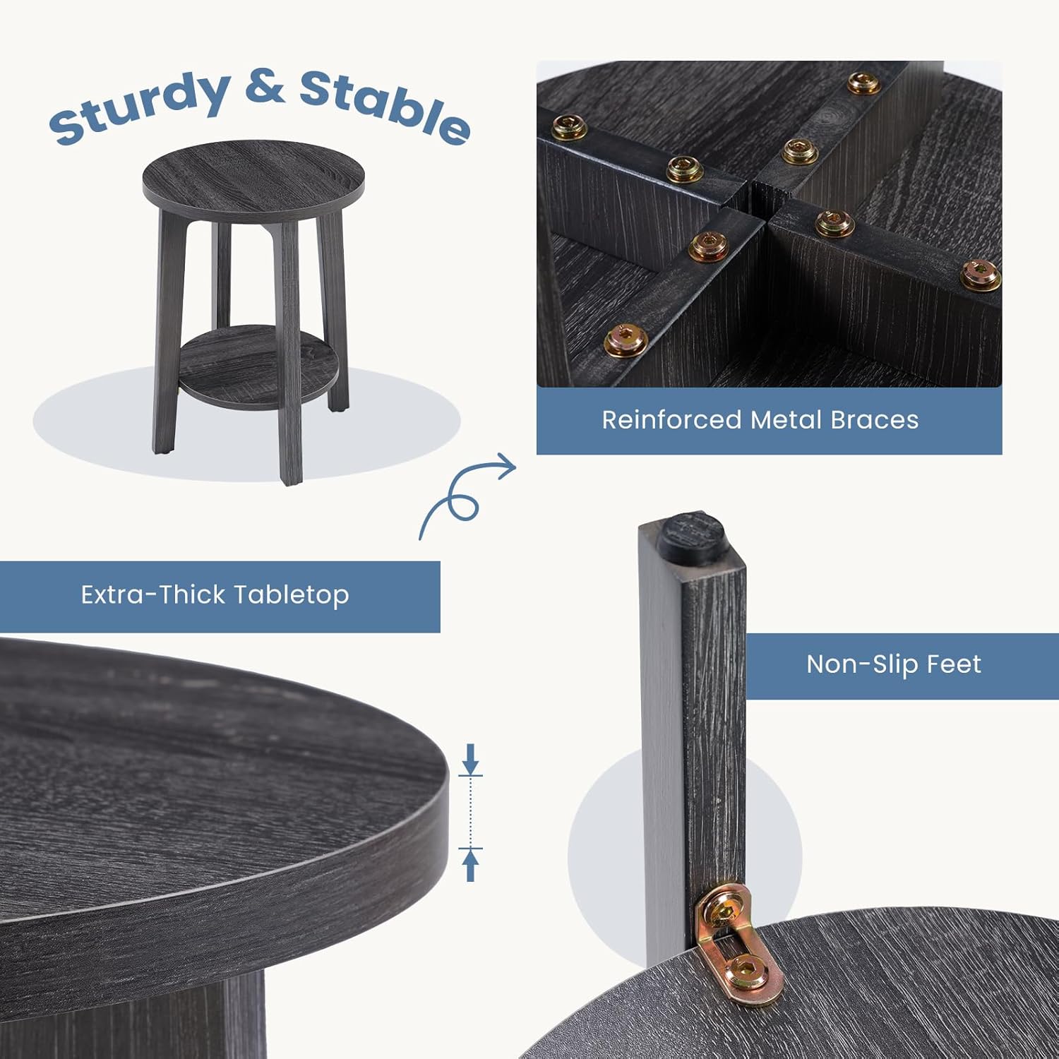 Small Round Side Tables Set of 2 for Living Room, 2-Tier Wood End Tables with Storage Shelf, 220 Lbs, Sturdy Bedside Nightstands with Non-Slip Pads, Easy Assembly, Grey