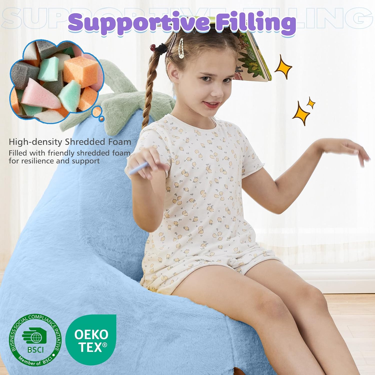 Kids Bean Bag Chair, Stuffed Toddler Couch with Faux Rabbit Fur Cover for Teens & Kids, Comfy Lazy Sofa Chair for Reader, Living Room, Bedroom, Aged 4-12 Years, 24 Inch, Blue
