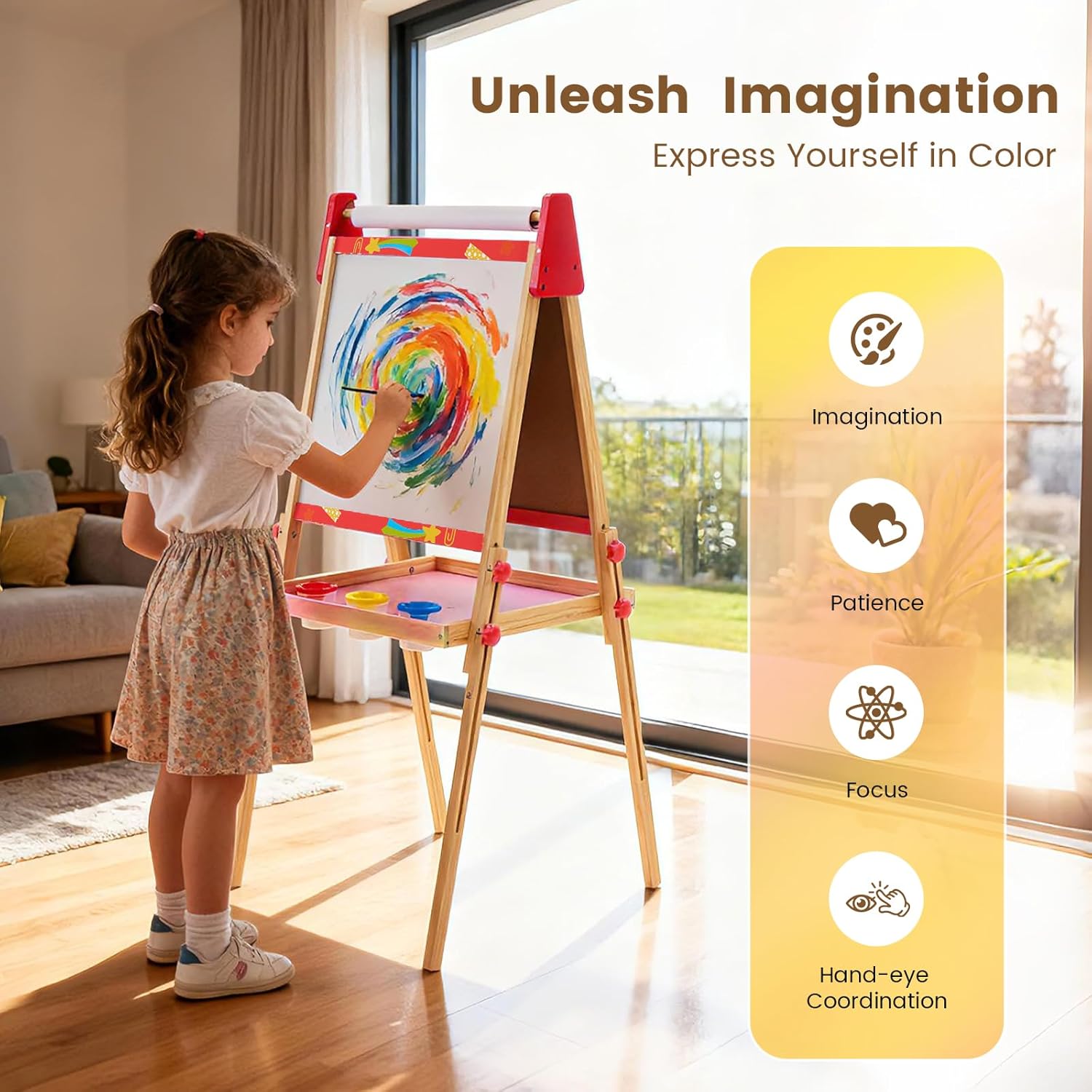 Kids Easel Set with Paper Roll, Adjustable Height Double-Sided Magnetic Chalkboard & Whiteboard Art Station for Ages 3+, Dry Erase Board, Gift for Girls and Boys, Red